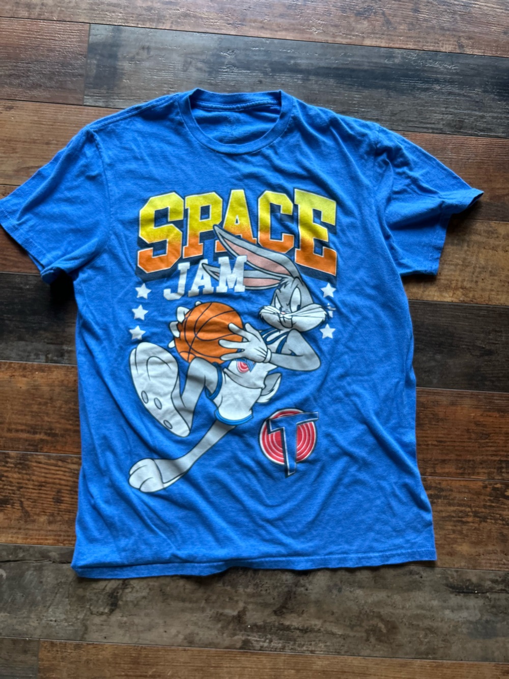 Royal Blue Space Jam Bugs Bunny Graphic Tee with Orange & Yellow Logo medium